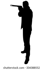 young man in leather jacket holding a rifle 