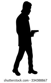 young man in leather jacket holding a gun