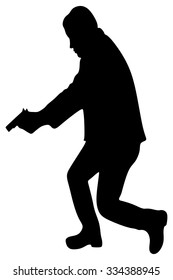 young man in leather jacket holding a gun