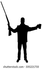 young man in leather jacket holding a rifle and beer