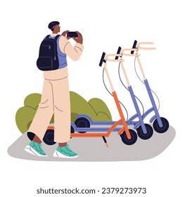 Young man leave electric, e scooter on stop station. Rider take photo by smartphone of parking rental transport. Online service for rent urban eco vehicle. Flat isolated vector illustration on white