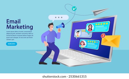 Young man leaving positive feedback. Customer reviews concept. Customer Service and User Experience. Consumer review and rating a service or goods. leaving comment with 5 stars rating. Vector
