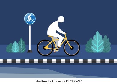 A Young Man Leaving Work Late At Night Has To Ride His Bike Home In The Dark And Danger. Flat Vector Illustration Design