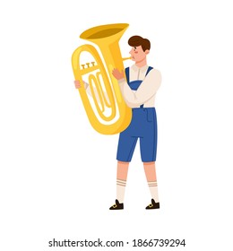 Young Man in Lederhosen Playing Trumpet Vector Illustration