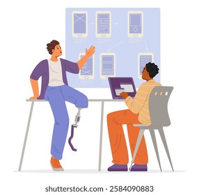 Young man with leg prosthesis and his African American colleague working together in the office on app development  flat vector illustration isolated on white. Inclusive workplace concept. 