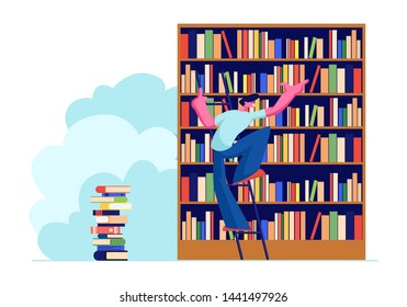 Young Man in Library Searching Books on Shelves Standing on Ladder. Student Prepare for Exam, Bookworm, Spend Time in Athenaeum Room, Characters in Literature Storage. Cartoon Flat Vector Illustration