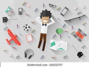 Young man lie on the floor and dream Vector flat illustration
