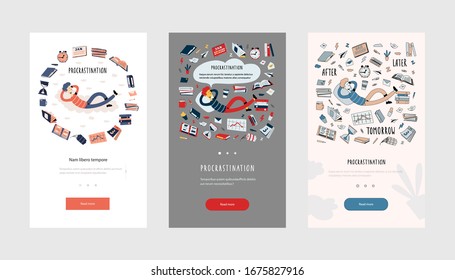 Young man lies among a pile of documents, dreams and rests instead of working. Procrastinating office worker, student. Vector Illustration in flat cartoon style. Use in Web Project and Applications