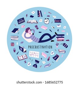 Young man lies among a pile of work documents and important tasks in a circle, dreams and rests instead of working. Resting office worker, student. Vector Illustration in flat cartoon style