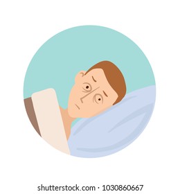 The young man lies in bed with his eyes open. Sleep disorders, insomnia round icon. Vector flat illustration, isolated on white background.