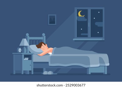 A young man lies comfortably in bed, tucked under a blanket. The room is dimly lit, with a clock on the bedside table, while a crescent moon shines through the window.