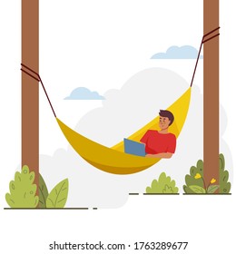 Young man lies with notebook on hammock. Vector flat cartoon concept illustration