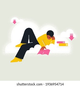 Un joven se encuentra en una nube como un sofá y lee libros. Ilustración vectorial para web