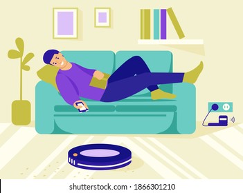 A young man lies on the couch, controls the robot vacuum cleaner from the remote control. Modern wireless equipment for cleaning the apartment. Vector illustration in flat style.