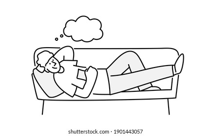 Young man lies on the couch with a book. People stay at home. Hand drawn vector illustration.