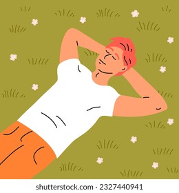 A young man lies on the green grass and rests. Weekend and vacation concept. A carefree boy sleeps and dreams. Flat vector illustration