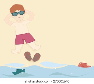 Young man lies on a sandy beach by the sea. On holiday. For advertising, cards and posters
