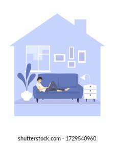 Young man lies on the sofa with laptop. Working at home, freelance and quarantine concept. Stylish  interior.  Flat minimalist design in blue colors. Cartoon vector illustration.