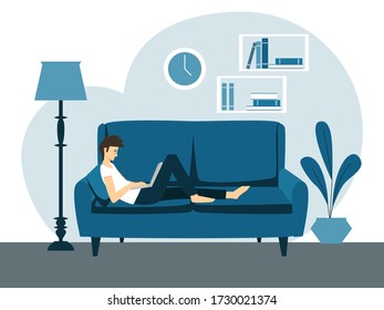 Young man lies on the sofa with laptop. Working at home, freelance and quarantine concept. Stylish  interior.  Flat minimalist design in blue colors. Cartoon vector illustration.
