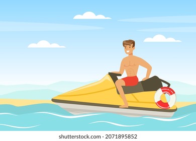 Young Man Lifeguard on Water Scooter Supervising Safety Vector Illustration