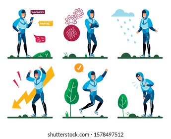 Young Man Lifestyle, Daily Routine Trendy Flat Vector Concepts Set. Man in Sportswear, Chatting in Online, Pondering Decision, Happy with Achievement, Tired and Stressed Because Problems Illustrations