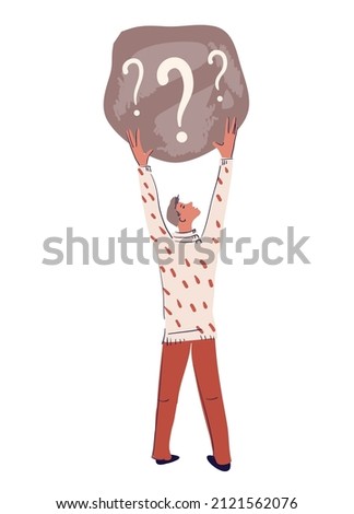 The young man lifted a heavy stone over his head. Concept: Difficulty in making a decision. Vector illustration in flat cartoon style isolated on white background.