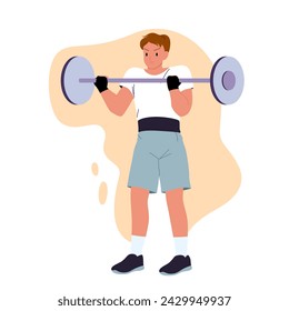 Young man lifting barbell in gym. Guy training strength of muscles at fitness workout, male weightlifter holding in hands big weight to lift, physical exercise of athlete cartoon vector illustration svg