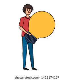 young man lifting bulb light