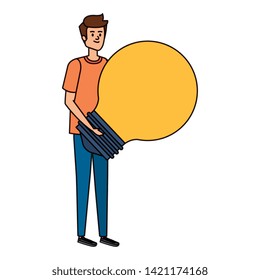 young man lifting bulb light