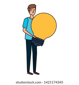 young man lifting bulb light