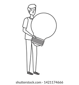 young man lifting bulb light