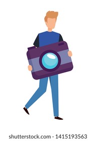 young man lifting camera photographic character