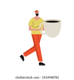 young man lifting coffee cup character vector illustration design