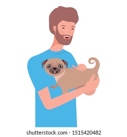 young man lifting cute dog mascot characters
