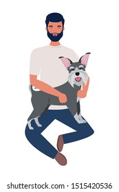 young man lifting cute dog mascot characters