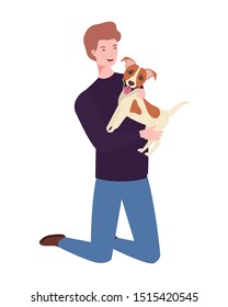 young man lifting cute dog mascot characters