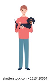 young man lifting cute dog mascot characters