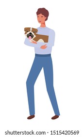 young man lifting cute dog mascot characters