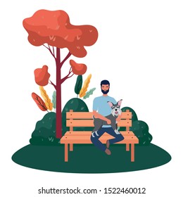 young man lifting cute dog in the park vector illustration design