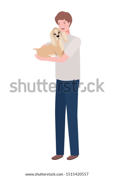 young man lifting\
cute dog mascot\
characters