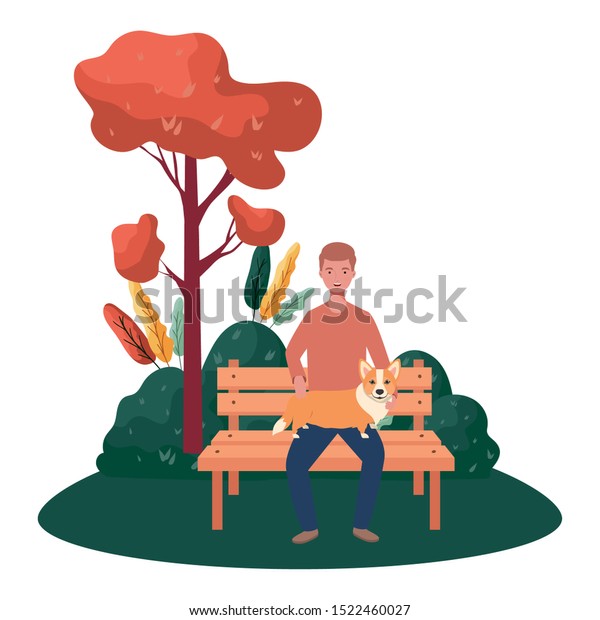 young man lifting cute dog in the park vector\
illustration design