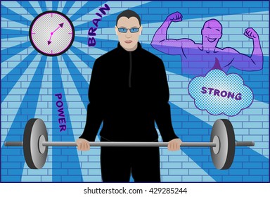 Young man lifting dumbbell. Design for a banner, poster, brochure and background. Pop art style. Vector illustration.
