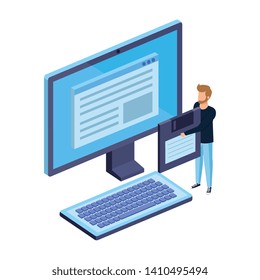 young man lifting floppy disk with desktop