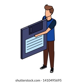 young man lifting floppy disk data storage