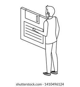 young man lifting floppy disk data storage