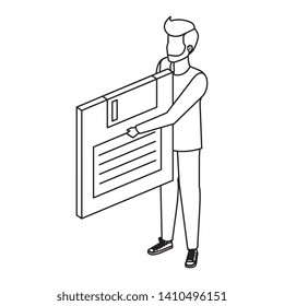 young man lifting floppy disk data storage