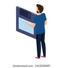 young man lifting floppy disk data storage
