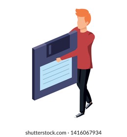 young man lifting floppy disk data storage
