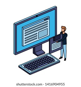 young man lifting floppy disk with desktop