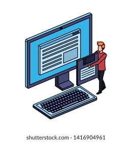 young man lifting floppy disk with desktop